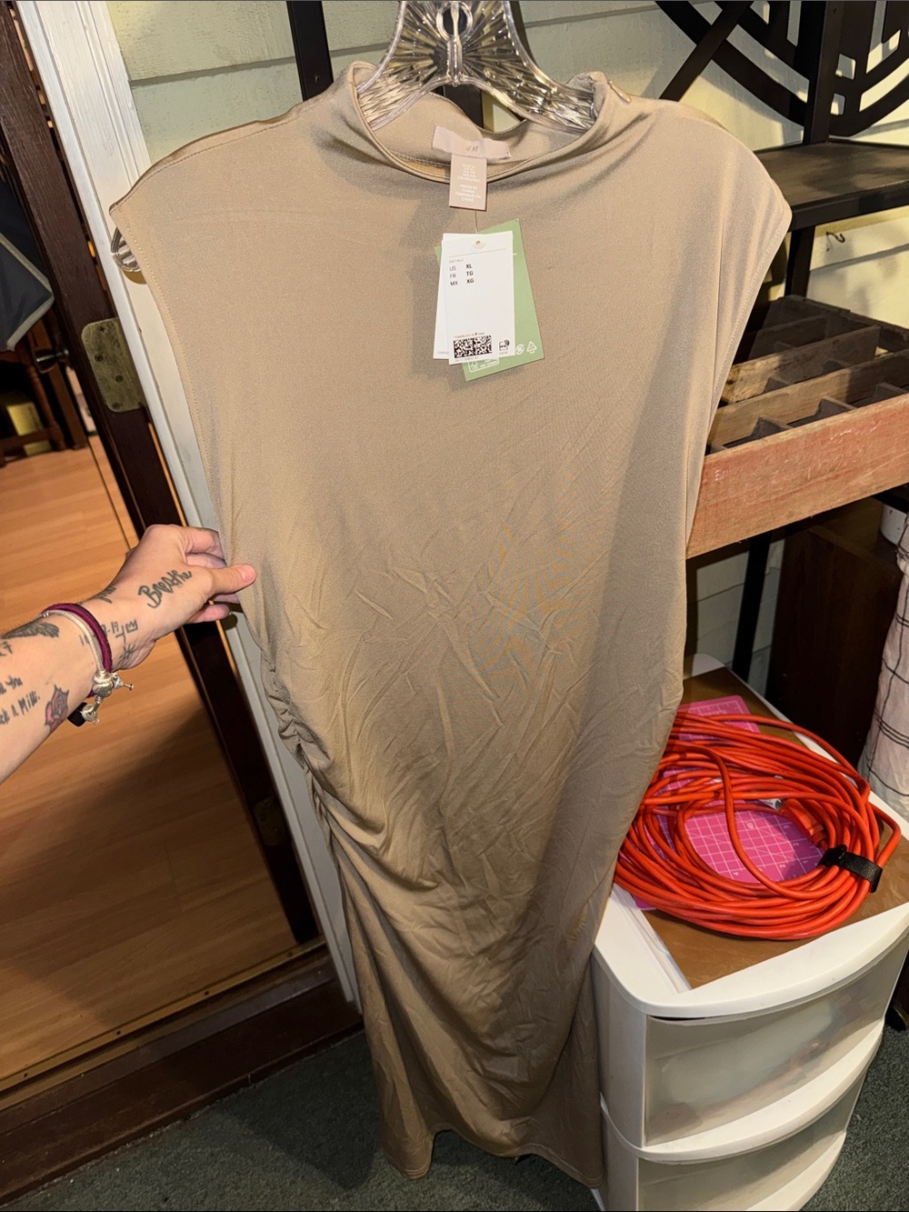 H&M Taupe Sleeveless Side-Ruched Midi Tunic Dress